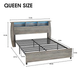 Fameill Queen Size Grey Wood Bed Frame with Smart Bookcase Headboard & LED Lighting Fameill