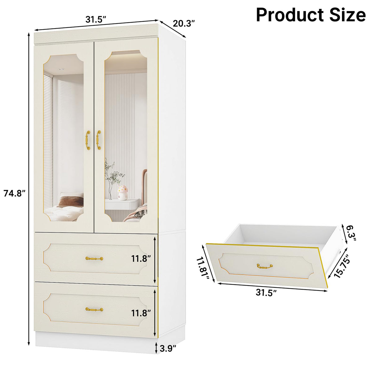 75" Tall 2 Doors Armoire Wardrobe Closet with Mirrors and LED Lights,Freestanding White Wardrobe Armoire for Bedroom with Drawers and Hanging Rod,Modern Armoire Storage Cabinet(2 Doors with Mirrors) jiteentarou