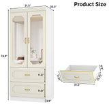 75" Tall 2 Doors Armoire Wardrobe Closet with Mirrors and LED Lights,Freestanding White Wardrobe Armoire for Bedroom with Drawers and Hanging Rod,Modern Armoire Storage Cabinet(2 Doors with Mirrors) jiteentarou
