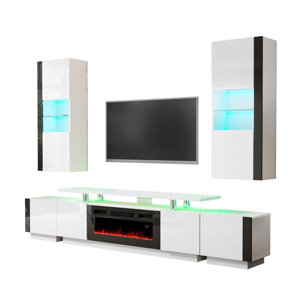 AMERLIFE Wall Unit Entertainment Center with Fireplace & Bookshelves, Includes 70" 2-Tier Fireplace TV Stand, 2 x Wall Cabinets & End Tables, Modern LED Lights TV Console for Living Room, White AMERLIFE