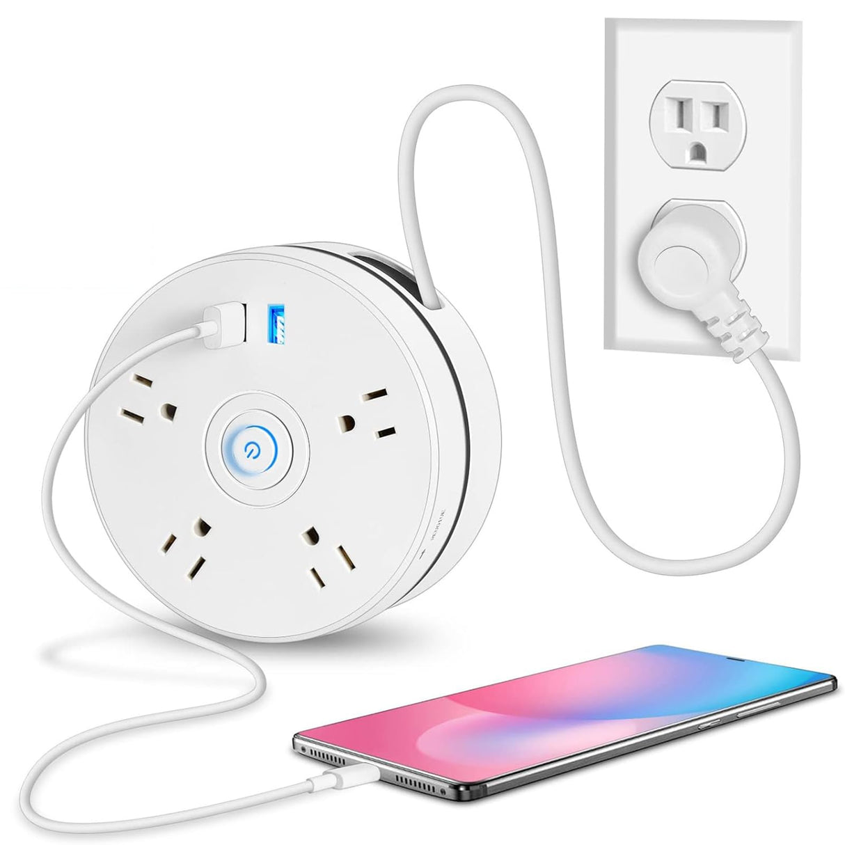 Retractable Power Strip, 6FT Extension Cord Power Strip Surge Protector with 4 Outlets 2 USB Ports and Hook Fast Charge, Portable Power Strip for Travel, Office, School, Hotel,Dorm Room Essentials HUAYUANDA