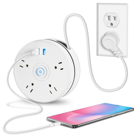 Retractable Power Strip, 6FT Extension Cord Power Strip Surge Protector with 4 Outlets 2 USB Ports and Hook Fast Charge, Portable Power Strip for Travel, Office, School, Hotel,Dorm Room Essentials HUAYUANDA