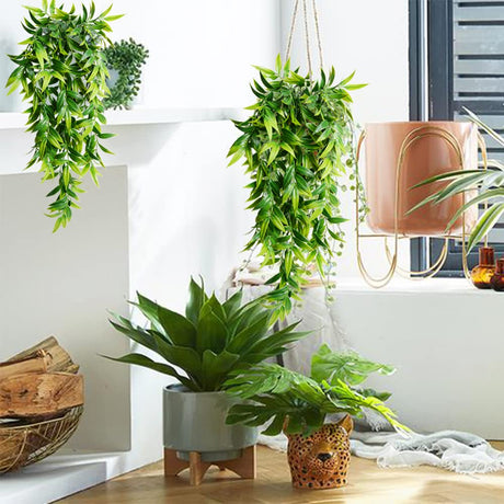 SzJias Artificial Hanging Plants Fake Bamboo Leaves Plants Fake Hanging Plants for Patio Porch Outdoor Plants Decor (2 Pcs) SzJias