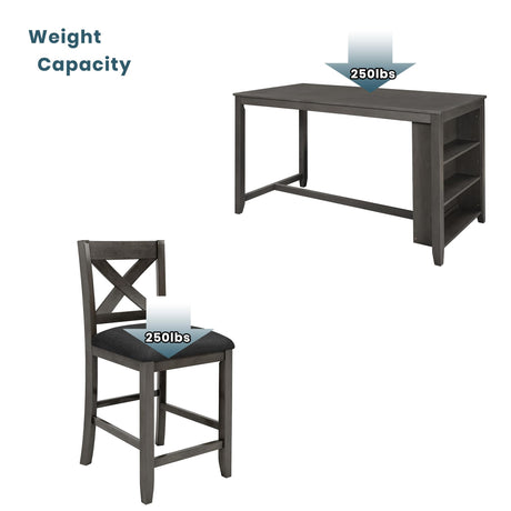 5 Pieces Counter Height Wooden Bar Table Set with 3-Tier Shelf and 4 Chairs, Rustic Farmhouse Dining Table Set for 4, Gray Harper & Bright Designs