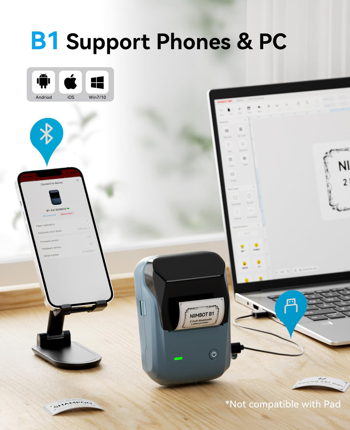 NIIMBOT B1 Label Maker Machine with Tape, Thermal Label Printer Easy to Use for Office Supplies, Home, Business, 2 Inch Label Maker with 2'' x1.18'' Labels-230pcs/Roll NIIMBOT