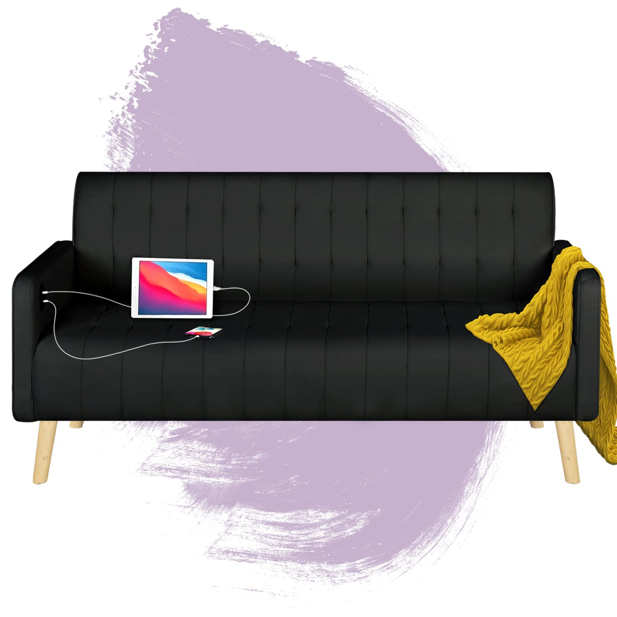 TYBOATLE Mid-Century Modern Striped PU Leather Loveseat Sofa w/ 2 USB Charging Ports, Love Seats Couches w/Pillow for Small Space, Living Room, Office, Apartment, Dorm, Office, 57“ W(White) (Black) TYBOATLE