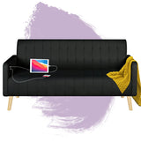 TYBOATLE Mid-Century Modern Striped PU Leather Loveseat Sofa w/ 2 USB Charging Ports, Love Seats Couches w/Pillow for Small Space, Living Room, Office, Apartment, Dorm, Office, 57“ W(White) (Black) TYBOATLE