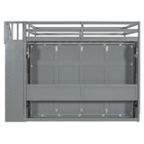 Merax Modern Farmhouse Solid Wood Loft Bed with Murphy Bed Cabinet w/Hydraulic Lift Full Over Full, Wall Bunk Bed with Storage Staircase, Shleves & Desk/Space Saving/Wood Slat Support/Gray Merax