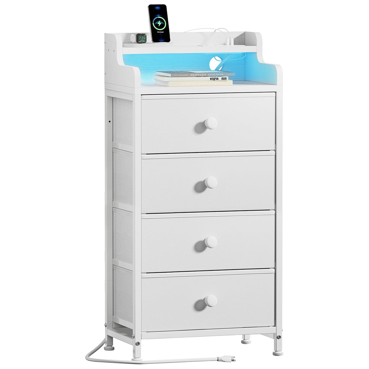 REAHOME Nightstand with Charging Station and LED Light, Tall White Night Stand with 4 Drawers and 2-Tier Shelf, Bedside Table with Sturdy Steel Frame Wood Top for Bedroom, Living Room - White REAHOME