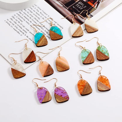 Zhang shine Boho Retro Resin Wooden Lightweight Geometric Dangle Drop Earrings Natural Layered Wood Teardrop Earrings for Women