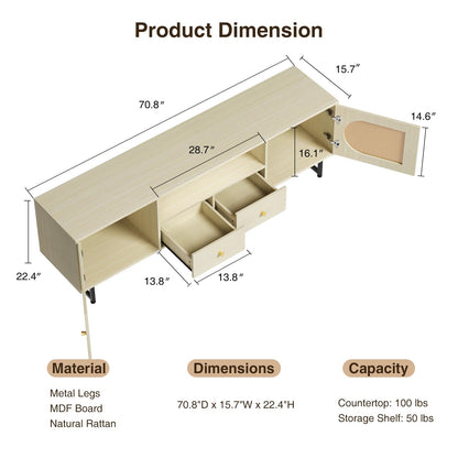 Long TV Stand for 70 75 inch TV, Rattan Entertainment Center with Storage Cabinets & Open Shelves, Modern TV Console Table for TVs Up to 80” for Living Room, Beige