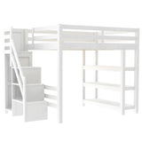 Bellemave Full Loft Bed with Stairs and Shelves, Wood Loft Bed with Bookcase and 3-Tier Shelves, Wardrobe, LED for Kids, Teens, Adults, White Bellemave