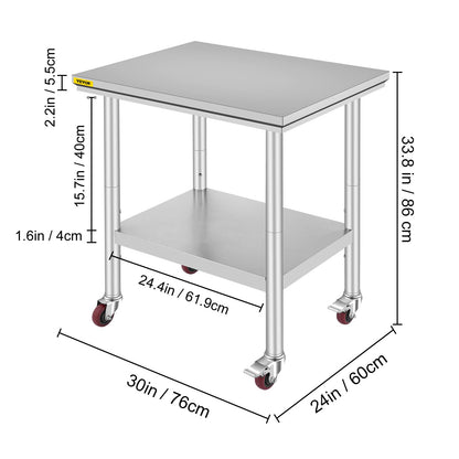 Mophorn Stainless Steel Work Table with Wheels 24 x 30 x 32 Inch Prep Table with 4 Casters Heavy Duty Work Table for Commercial Kitchen Restaurant Business, Silver and Black