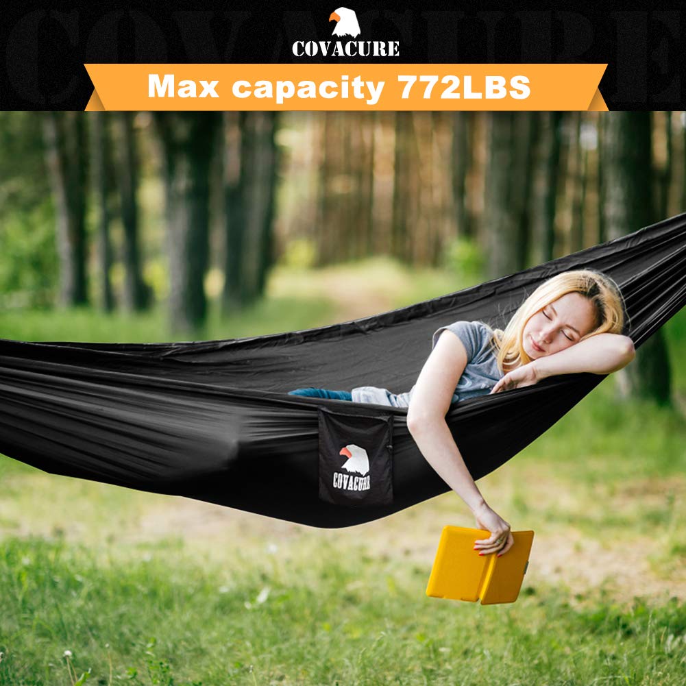 Covacure Camping Hammock - Lightweight Double Hammock, Hold Up to 772lbs, Portable Hammocks for Indoor, Outdoor, Hiking, Camping, Backpacking, Travel, Backyard, Beach(Black) covacure