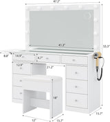 Vanity Desk with Power Outlet, 9 Drawers Makeup Vanity with Mirror and 12 LED Lights, 3 Lighting Modes, Glass Top Vanity Set, Fold-up Panel, Dressing Table for Bedroom FUSOU