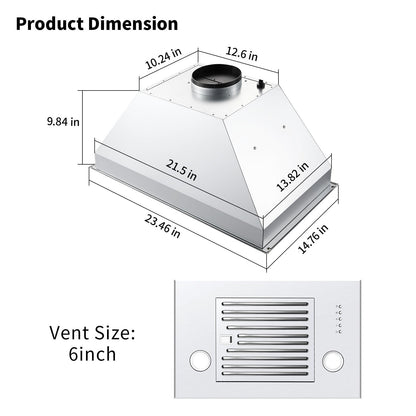 Zomagas Range Hood Insert 24 inch, Built in Kitchen Hood 600CFM, Ducted/Ductless Convertible Stove Hood with Stainless Steel Baffle Filter, Vent Hood Insert w/ 3 Speed Fan, 2PCS Replaceable LED Lights