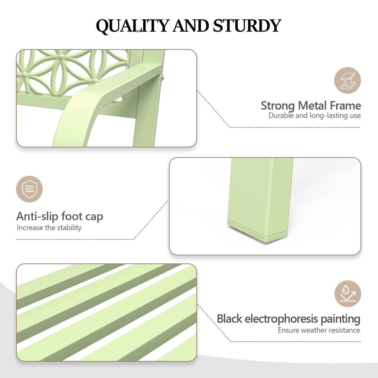 VINGLI 50" Outdoor Bench Metal with Floral Back, Garden Bench Front Porch Bench for Yard Patio Entryway Park Outside, 800lb Capacity - Green VINGLI