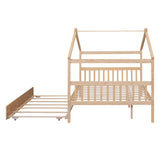 Merax Full Size Wooden House Bed with Trundle, Wood Bed Frame with Roof for Kids, Teens, Boys or Girls, Natural Merax