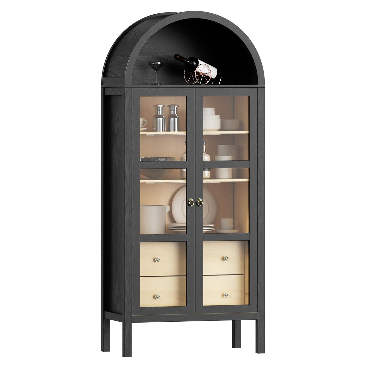 ROOMTEC Modern Farmhouse Arched Cabinet with Auto Sensor Light and Adjustable Shelves in Black Oak ROOMTEC