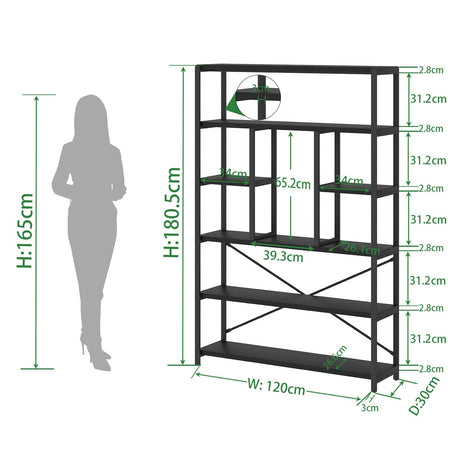 LVB 6 Tier Tall Black Bookshelf, Modern Large Wide Book Rack Storage, Industrial Wood Metal Etagere 6 Shelf Bookcase, Farmhouse Open Display Book Shelf Organizer for Bedroom Living Room Office, Black LVB