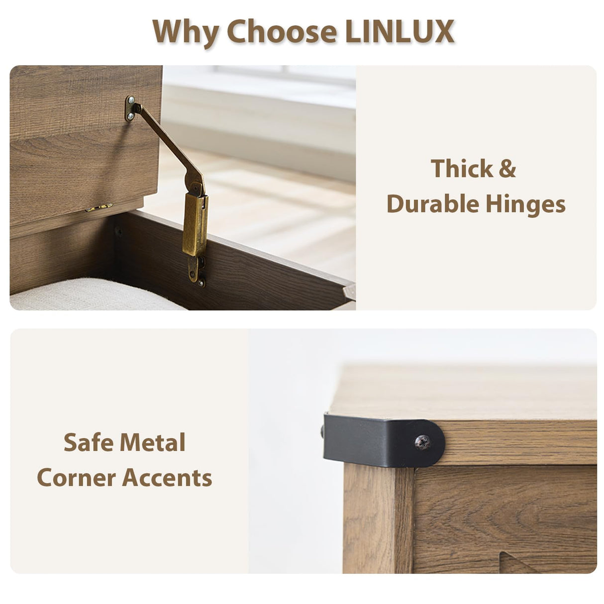 LINLUX Modern Farmhouse Coffee Table with Storage, Large Square Storage Coffee Tables, Rustic Wood Center Table with Flip-Top, Metal Corners, Brown LINLUX