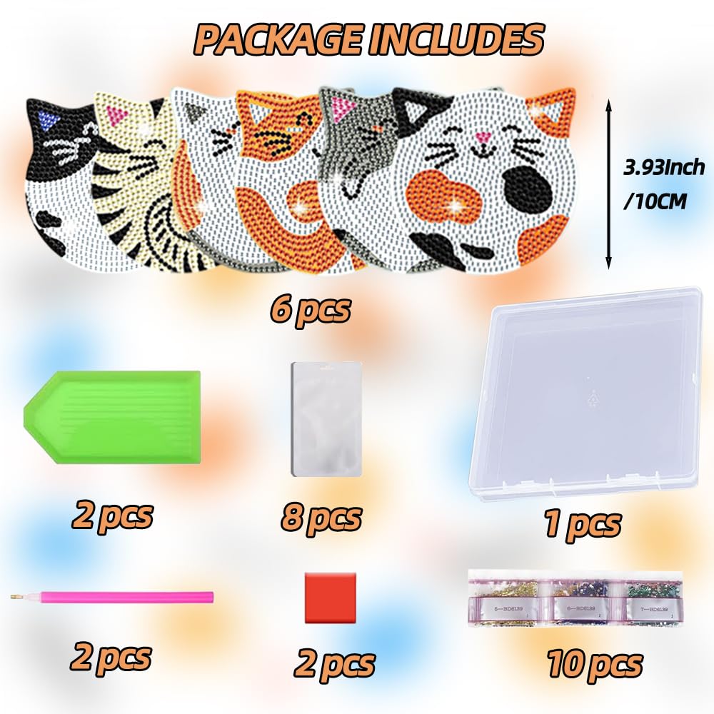 JUNIPLTER 6 PCS Cat Diamond Painting Coasters Kits with Double Tools, DIY Diamond Art Kits for Adults Kids Beginners, Cat Diamond Art Coasters Non-Slip & Heat Insulation, Perfect Holiday Gift JUNIPLTER