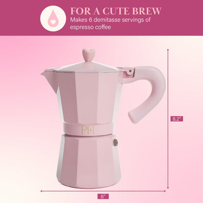 Paris Hilton Stovetop Espresso and Coffee Maker, Italian & Cuban Style Coffee Pot with Iconic Heart Knob, Perfect for Rich Aromatic Espresso, Makes up to 6 Espresso Cups, Pink