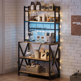 Yaheetech Kitchen Bakers Rack with Power Outlet & LED Lights, 5 Tiers Coffee Bar Table with 8 S Hooks, 64 Inches Tall Microwave Oven Stand with Storage for Spices, Pots, Rustic Brown Yaheetech