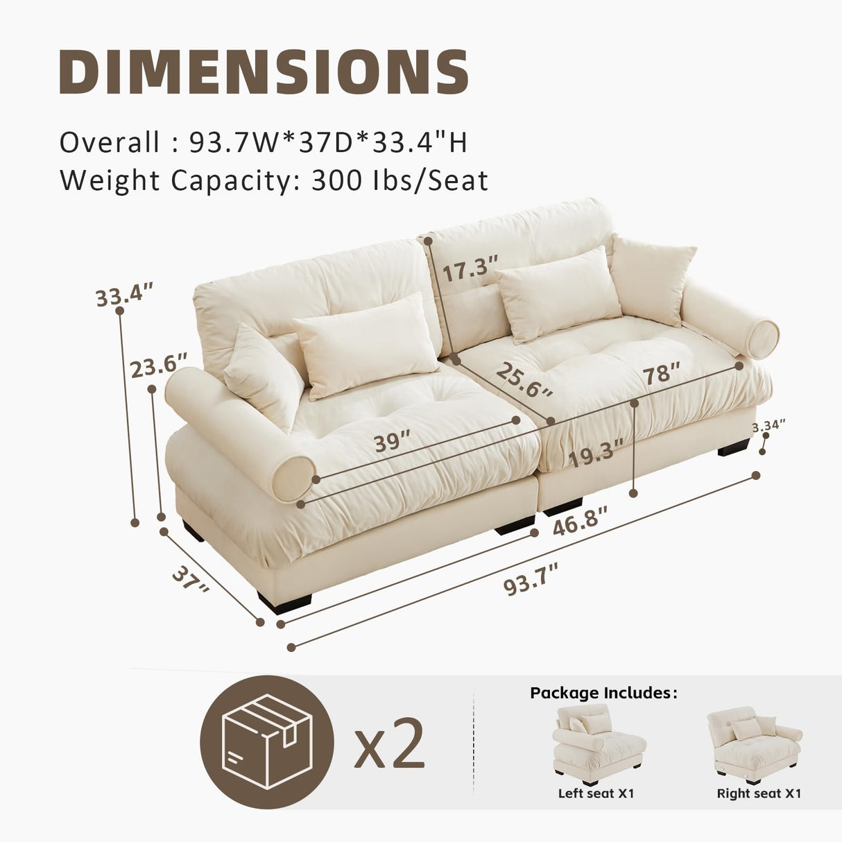 SoarTalent 93.7" Oversized Modular Sectional Sofa 2-Seater Loveseat Cloud Couch with Pillows and Overthick Cushion for Living Room,Home Theater,Apartment,Velvet,Beige SoarTalent