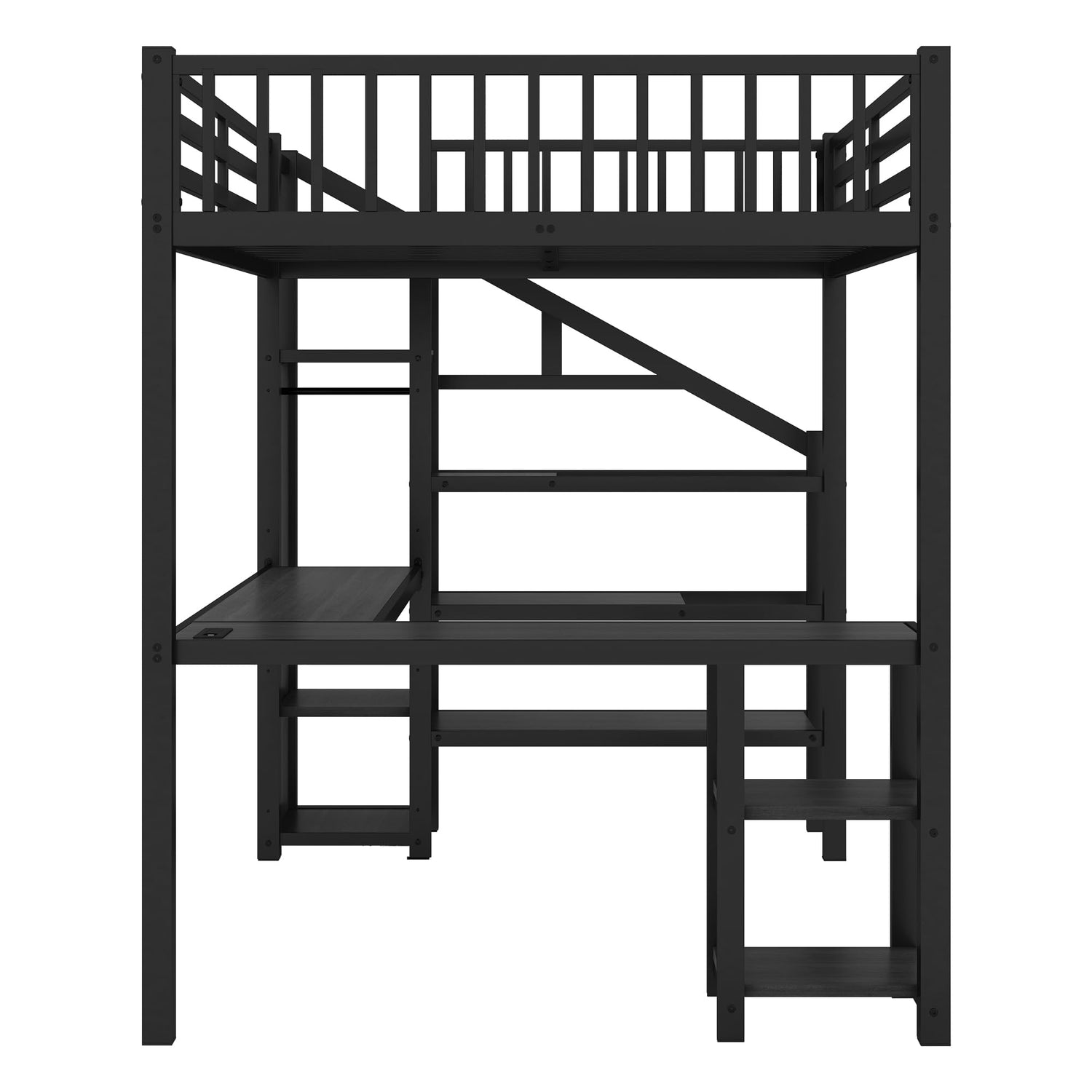 FAROUCHE Full Size Metal Loft Bed with L-Shaped Desk and USB Port, Modern Full Loft Bed Frame with Wardrobe and Shelf, High Bed with LED Lights and Guardrail, Black FAROUCHE