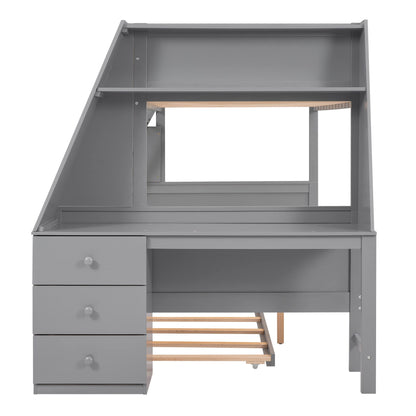 BOVZA Twin Over Full Grey Bunk Bed with Built-in Desk, Trundle, and Storage Solutions for Kids and Teens - WoodArtSupply