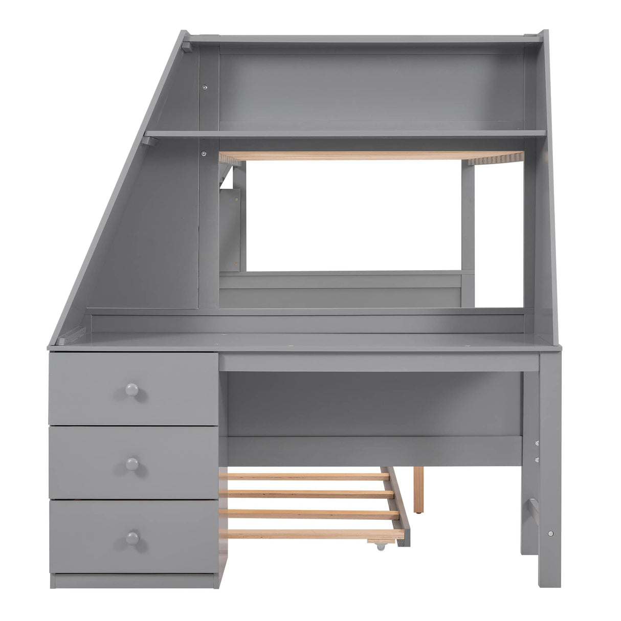 Twin Over Full Bunk Beds with Trundle and Desk Wood Bunk Bed Frame with Three Storage Drawers and One Shelf for Kids Boys Girls Teens, Gray Bellemave