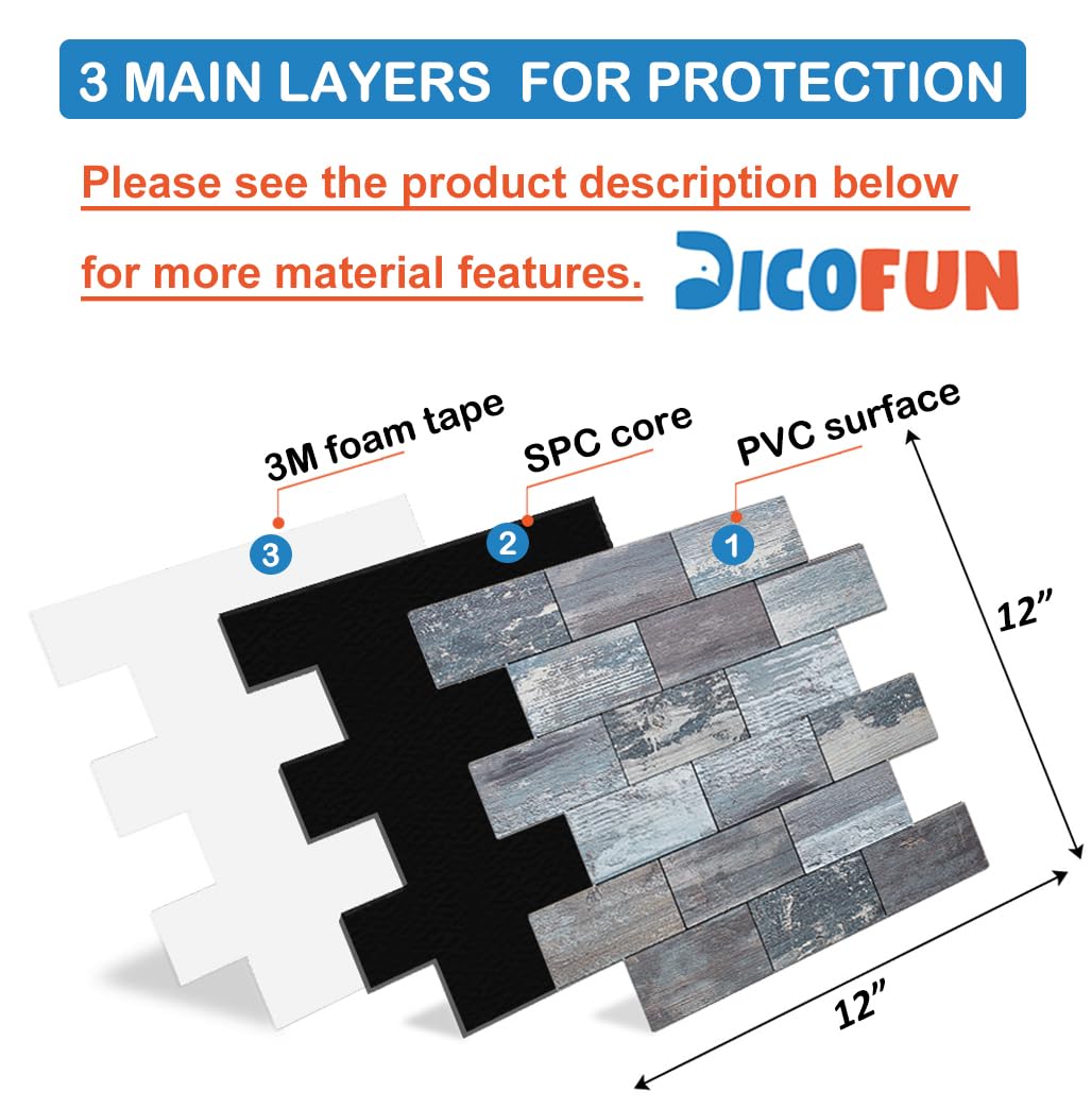 DICOFUN Distressed Wood Peel and Stick Backsplash Wall Tiles, 12"x12" Thick PVC Subway Tile for Kitchen Backsplash, 10 Sheets DICOFUN