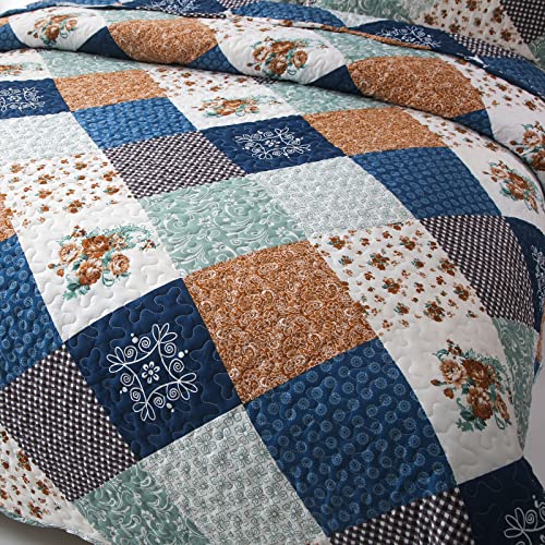 Dinjoy Reversible Patchwork Quilt Bedding Set Full Size Blue Green Grey Plaid Floral Pattern Bedspread Set Soft Microfiber Coverlets Bed Set 3 Pieces Spring Summer Fall Use (78x90 inches) Dinjoy