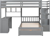 MERITLINE Full Over Twin L Shaped Bunk Bed with Stairs and Desk,Solid Wood L-Shaped Bunk Bed with Storage Drawers,Shelves,Ladder,Headboard and Guardrail,No Box Spring Needed (Grey) MERITLINE