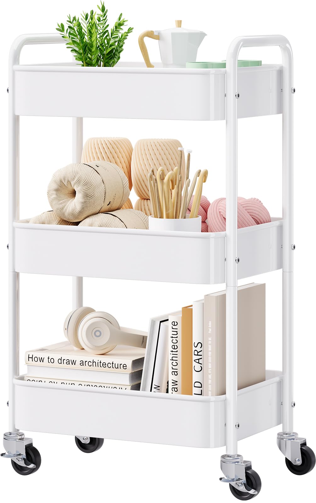 3 Tier Rolling Cart Metal, White Utility Cart with Lockable Wheels, Mesh Rolling Storage Cart Organizer on Wheels, Three Tiered Craft Cart for Kitchen, Bathroom, Office,Laundry Room, Art, Baby Diaper WBKATN