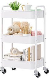 3 Tier Rolling Cart Metal, White Utility Cart with Lockable Wheels, Mesh Rolling Storage Cart Organizer on Wheels, Three Tiered Craft Cart for Kitchen, Bathroom, Office,Laundry Room, Art, Baby Diaper WBKATN