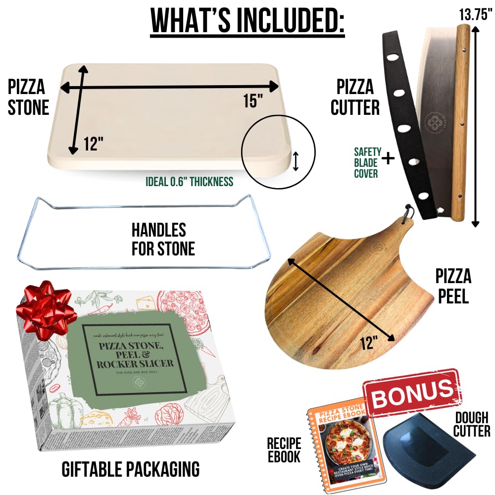 Pizza Stone for Oven and Grill Set - 5PCS Pizza Making Accessories Kit with 15 inch Stones, Peel, Cutter and Dough Tool - Large Rectangular Baking Oven Stones - Baking Stone for Bread Ritual Life