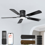 CubiCubi Ceiling Fan, 52" Low Profile Ceiling Fans with Lights and Remote/APP Control, Flush Mount, 5CCT, Stepless Dimmable, Super Quiet, 6 Speeds, Modern Ceiling Fans for Bedroom Living Room, Black CubiCubi