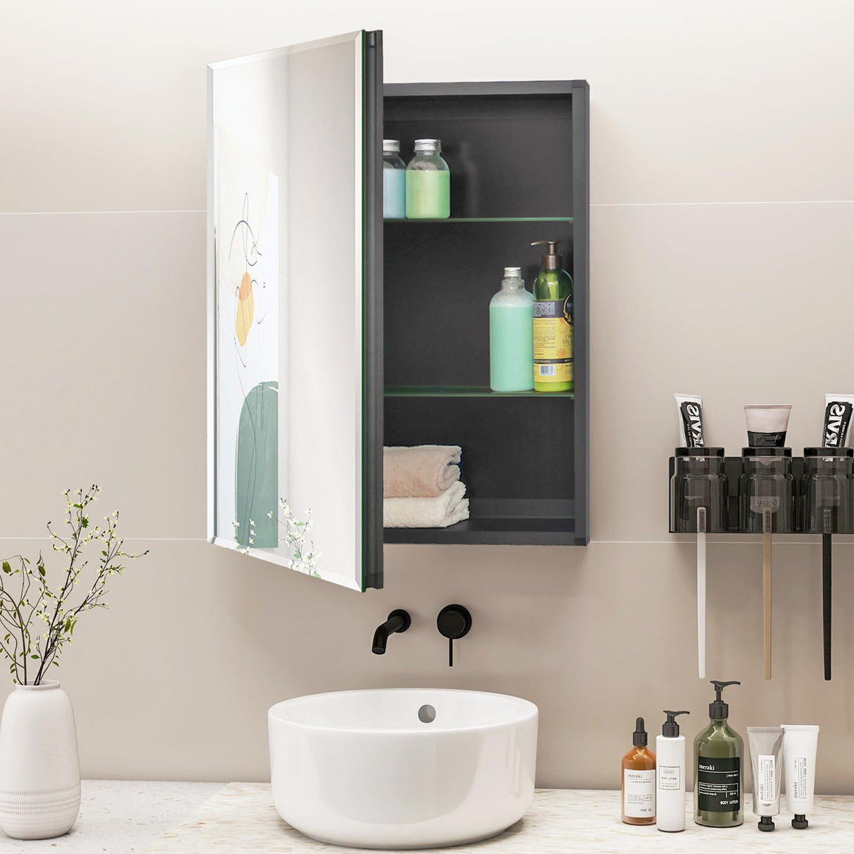 Fundin Medicine Cabinet 20 x 26 inches Mirror Size, Recessed or Surface Mount, Black Aluminum Bathroom Wall Cabinet with Mirror and Adjustable Shelves. Fundin