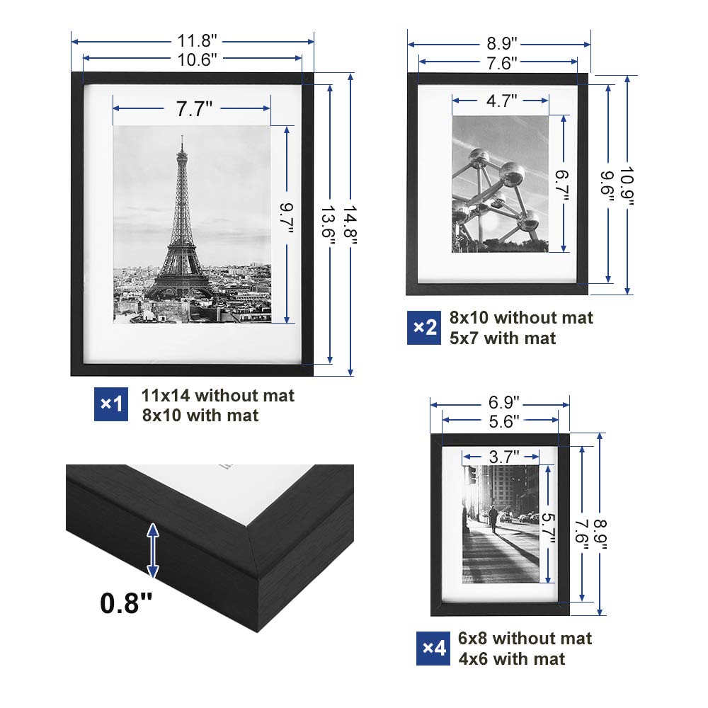 SONGMICS Gallery Wall Frame Set, Multi Picture Frames Set of 7, One 11x14, Two 8x10, Four 6x8 Collage Photo Frame with White Mat, Glass Front, Hanging or Tabletop Display, Black SONGMICS