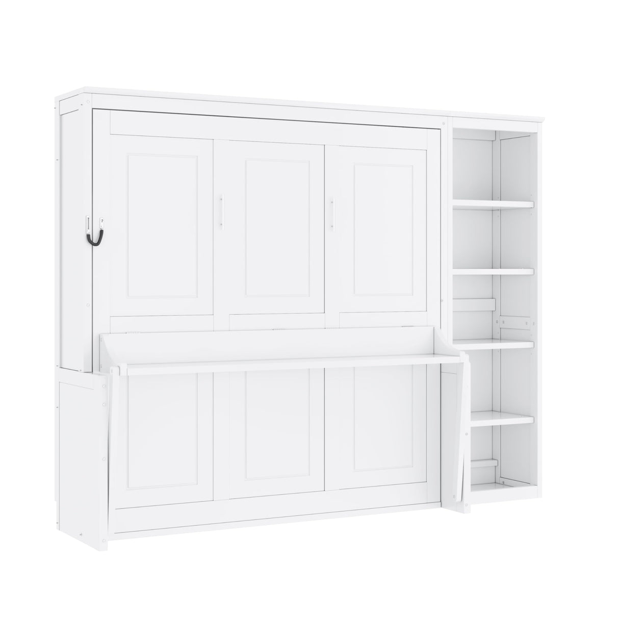 Queen Murphy Bed with Desk and Storage Shelves,Wood Hideaway Murphy Wall Bed with Storage Bookcase for Adults (White) MERITLINE