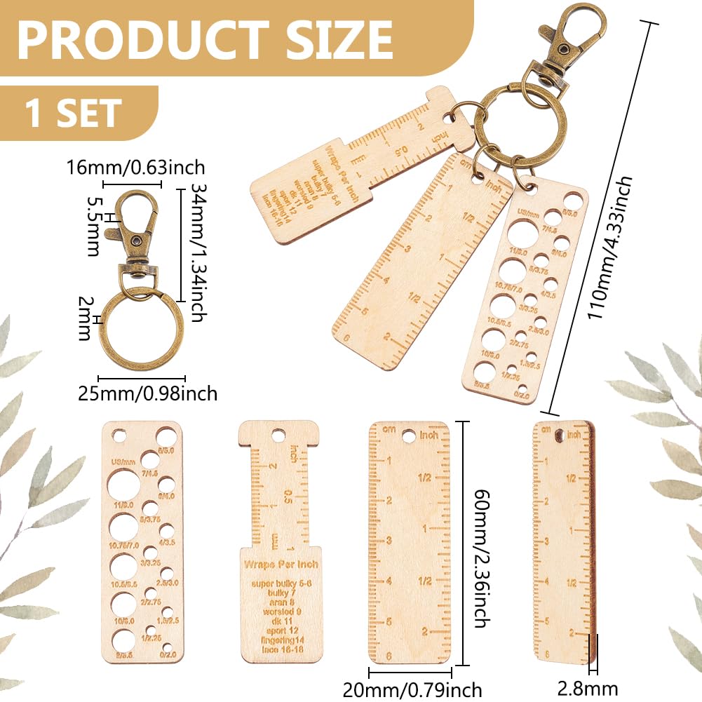 BENECREAT 3Pcs Mini Wooden Gauge Keychains, Knitting Needle Gauge, Yarn Wrap Guide Board, Multifunctional Ruler with Alloy Clasp for Crochet DIY Sewing BENECREAT