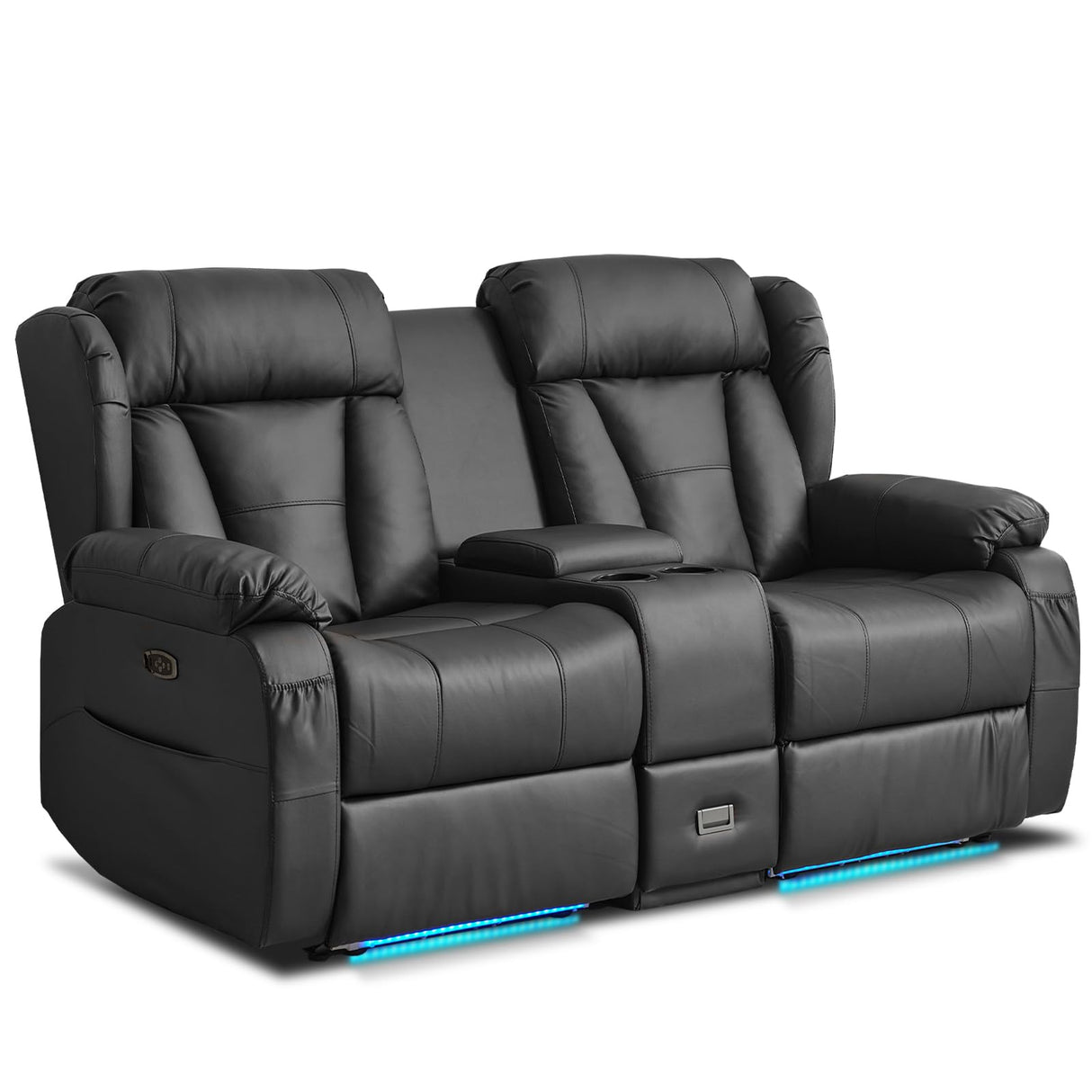 WISHDEER Power Reclining Loveseat Sofa, Loveseat Recliner Couch with Console, RV Recliners for Travel Trailers, Home Theater Seating with Cup Holders/LED/Drawer/USB/USB C (Black) WISHDEER