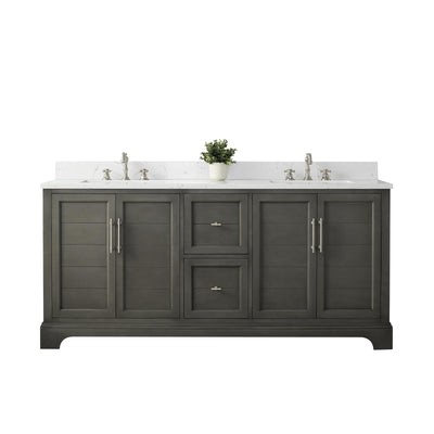 HOMEBEYOND 72 Inch Bathroom Vanity with Double Sink & Ceramic Top, Vanity Cabinet with Center Countertop Basin, Soft-Closing Doors, Backsplash, Sliver Grey