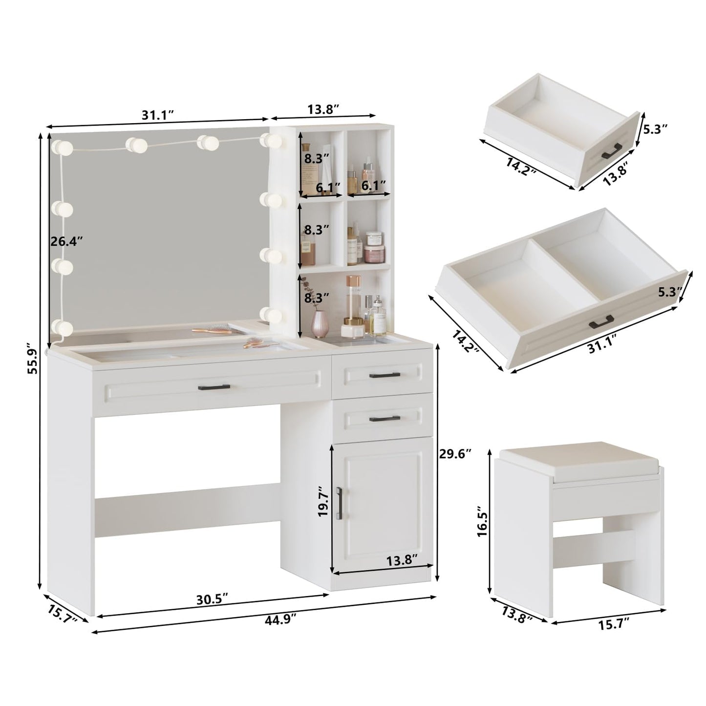 Vabches Vanity Desk Set with Lights and Mirror,White Makeup Desk with 3 Drawers & Storage Cabinet & Shelves,Glass Top Vanity Table Set with 10 Bulbs,3 Lighting Modes Adjustable Brightness