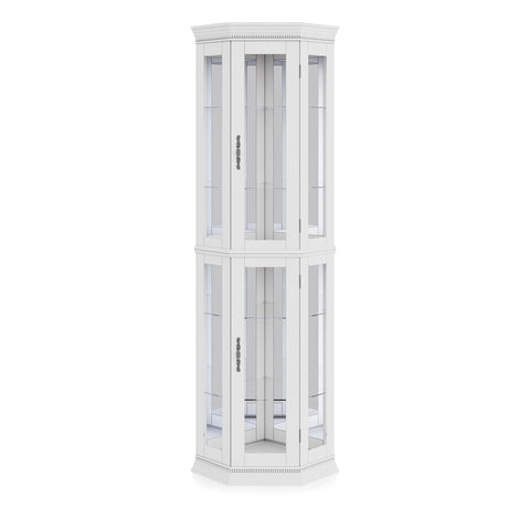 BELLEZE Lighted 3-Side Glass Display Curio Cabinet w/Tempered Glass Doors & Shelves, Accent Wooden Corner Cabinet with Bulb, Corner Storage BELLEZE