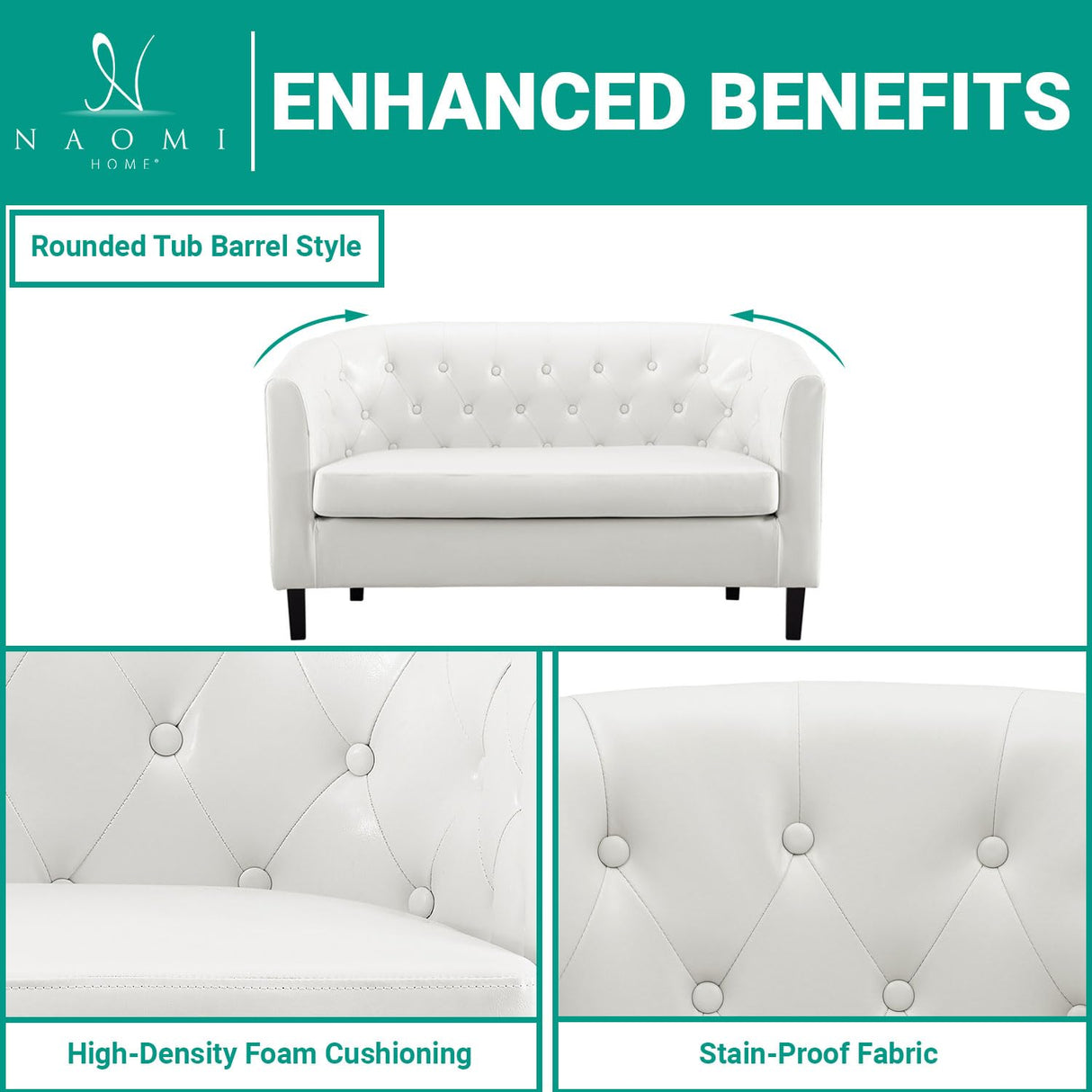 Naomi Home Barrel Love Seat, Button Tufted Faux Leather Loveseat Sofas, Modern 2 Seater Faux Leather Sofa, Small Loveseats for Small Spaces, Bedrooms, Love Seat Couches for Living Room - White Naomi Home