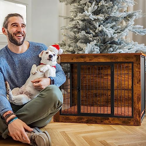 Bigrab Dog Crate Furniture with Thick Cushion, Side End Table Wooden Dog Cage with Double Doors, Chew-Resistant Dog Kennel Dog House Indoor for Small to Large Dog, L Bigrab