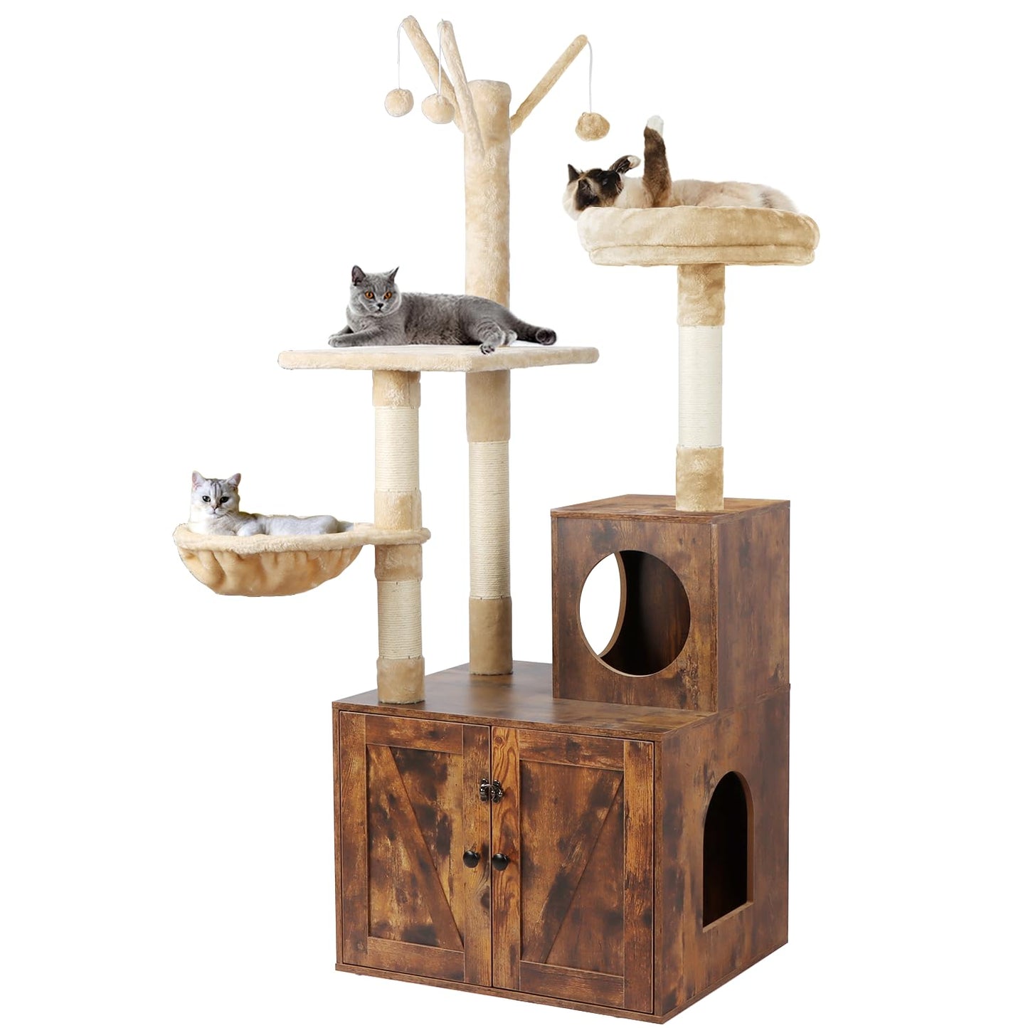 Timberer Litter Box Enclosure with Cat Tree, Wooden Cat House with Cat Tree Tower, Hidden Cat Litter Box Furniture with Scratching Post, Modern Cat Condo, Rustic Brown - WoodArtSupply